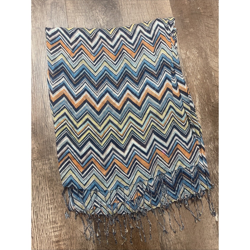 Blue Tan Chevron Zigzag Knit Scarf with Fringe Trim Lightweight Boho Casual